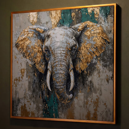 Gray Elephant with Gold Accents Canvas Art shown in antique gold floating frame