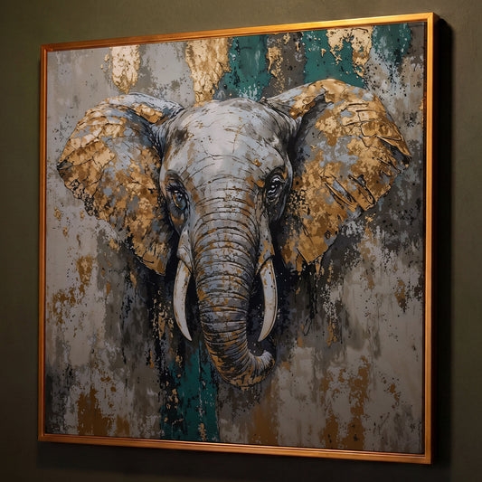 Gray Elephant with Gold Accents Canvas Art shown in antique gold floating frame