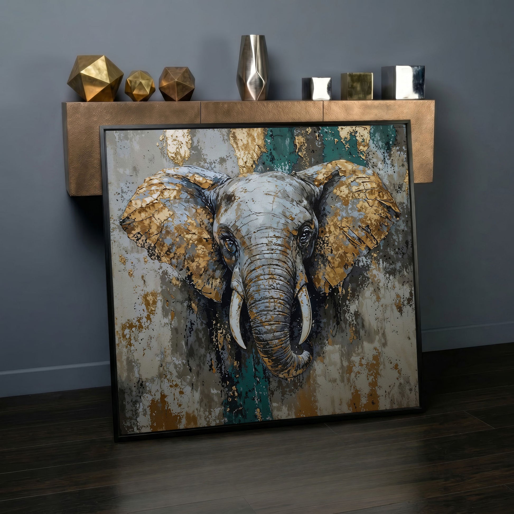 Gray Elephant with Gold Accents Canvas Art in black floating frame