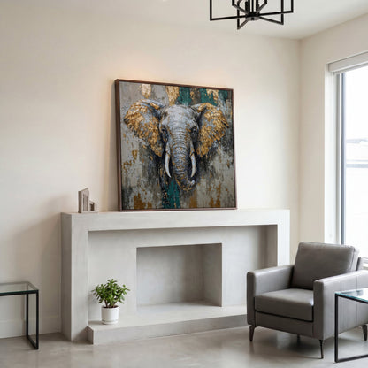 Gray Elephant with Gold Accents Canvas Art in dark walnut floating frame