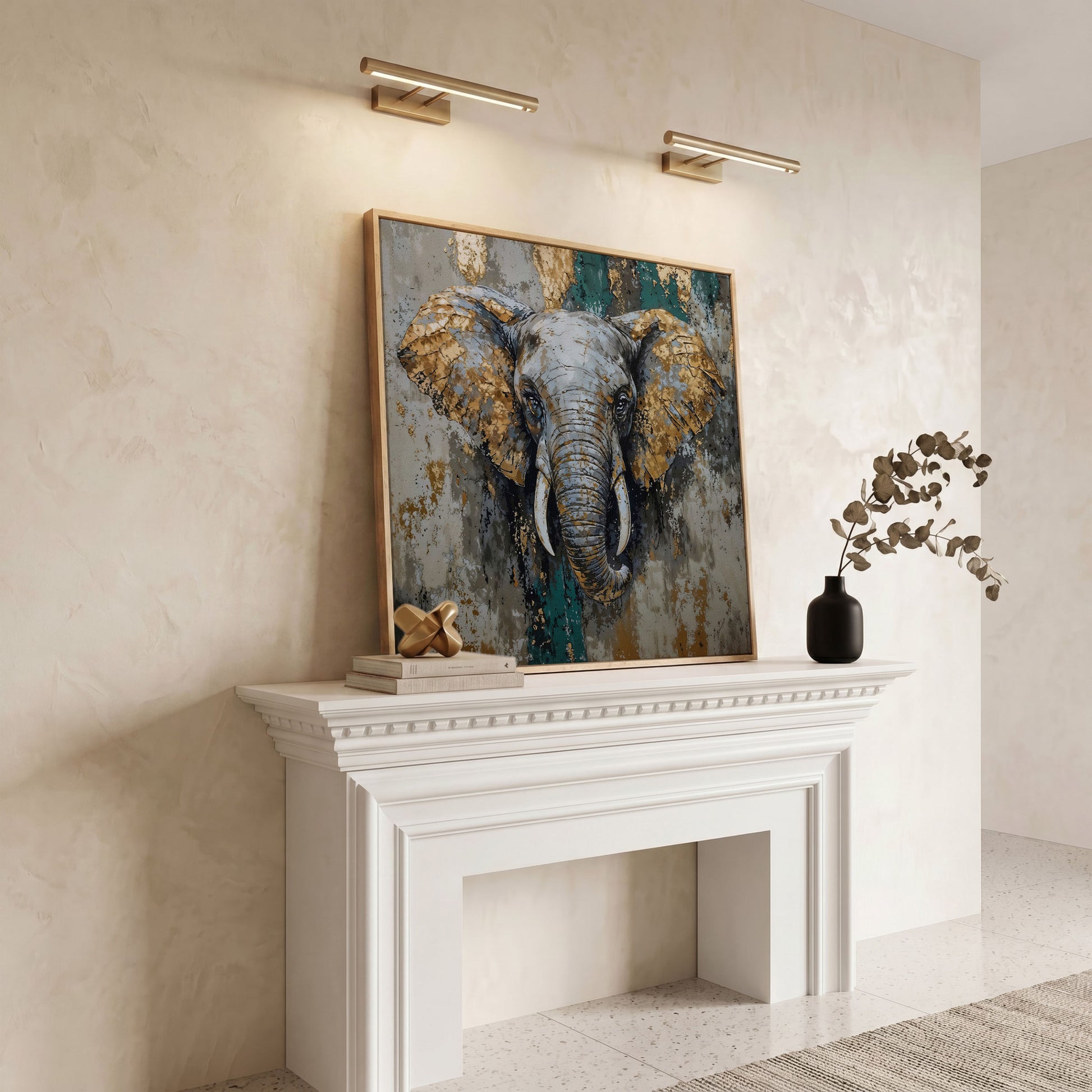 Gray Elephant with Gold Accents Canvas Art in white oak floating frame