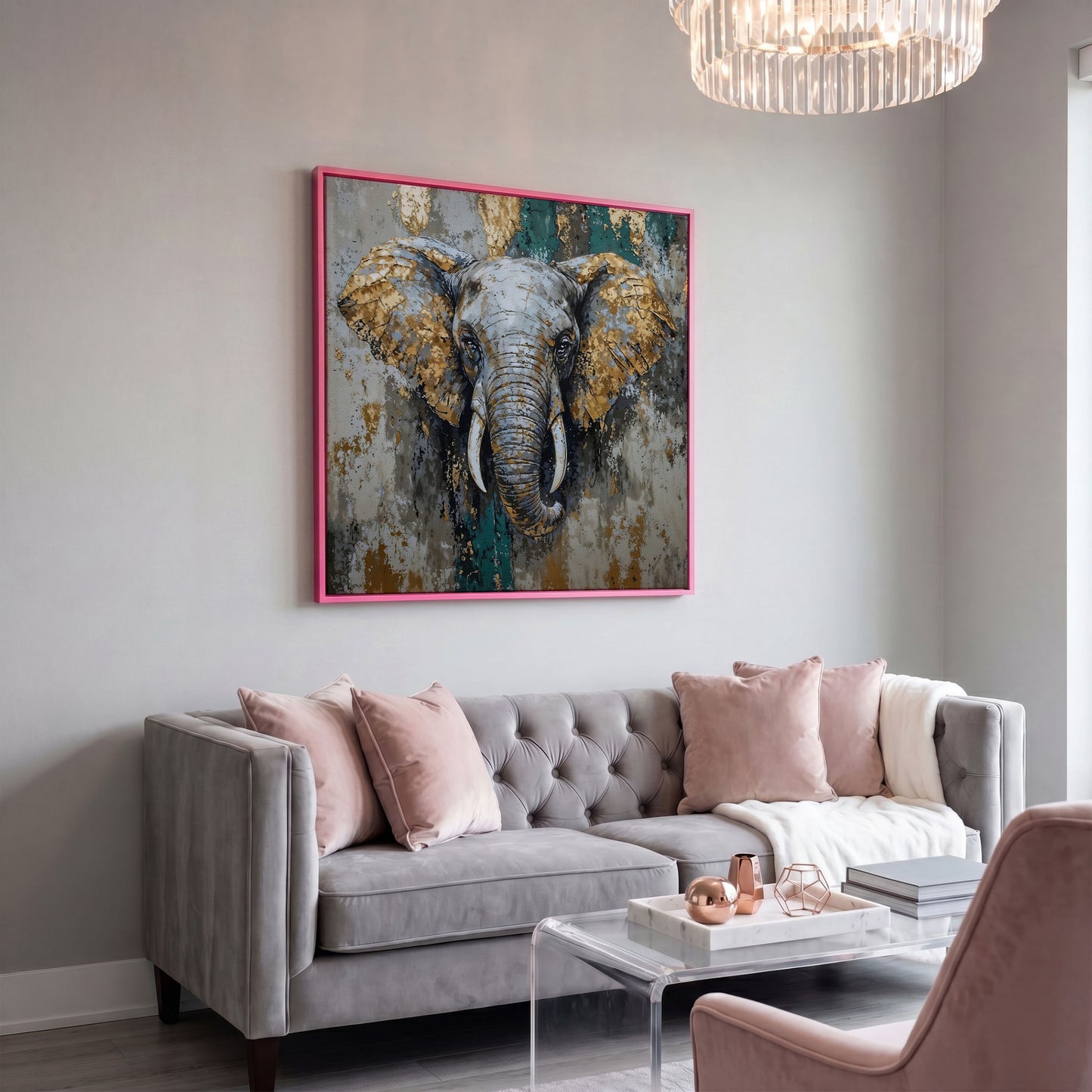 Gray Elephant with Gold Accents Canvas Art in pink floating frame