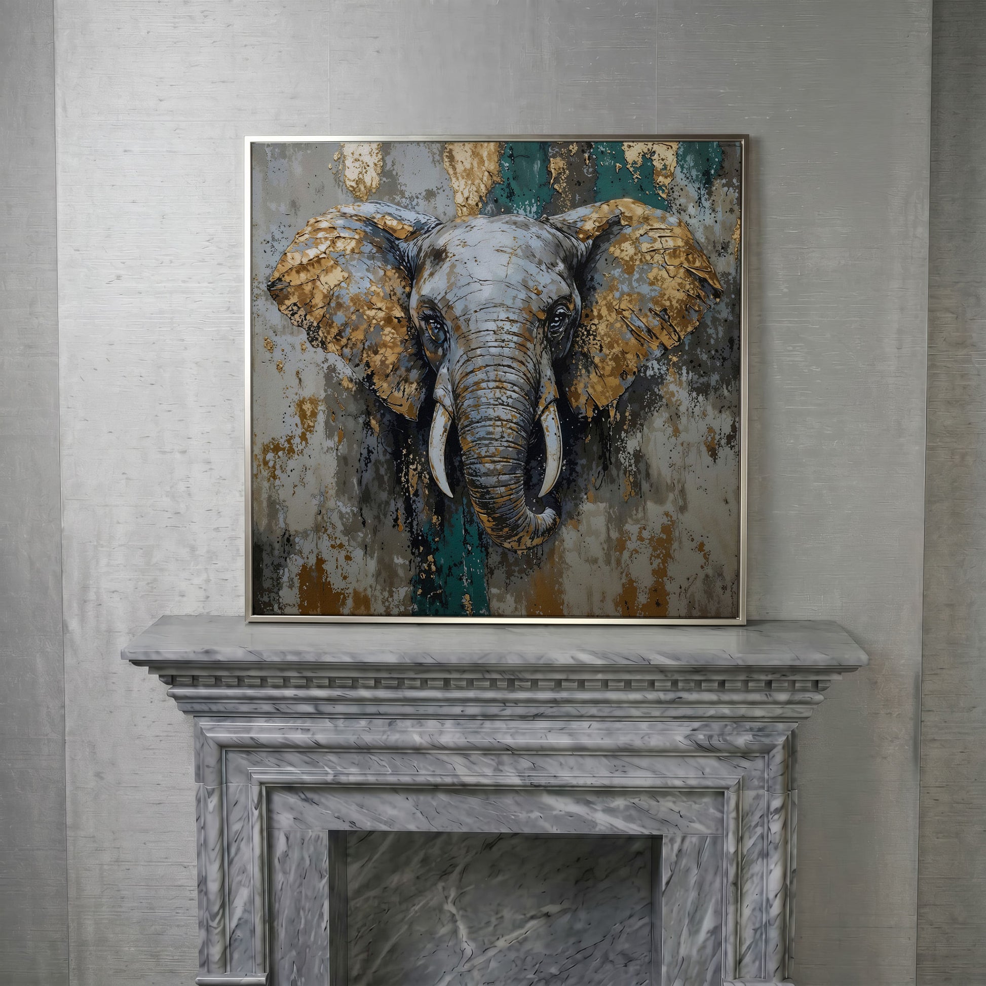 Gray Elephant with Gold Accents Canvas Art in silver floating frame
