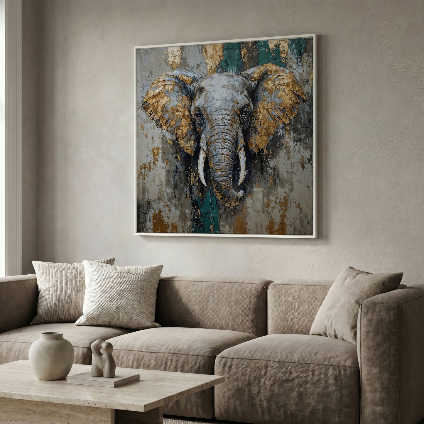 Gray Elephant with Gold Accents Canvas Art in white floating frame