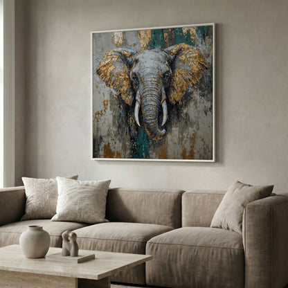 Gray Elephant with Gold Accents Canvas Art in white floating frame