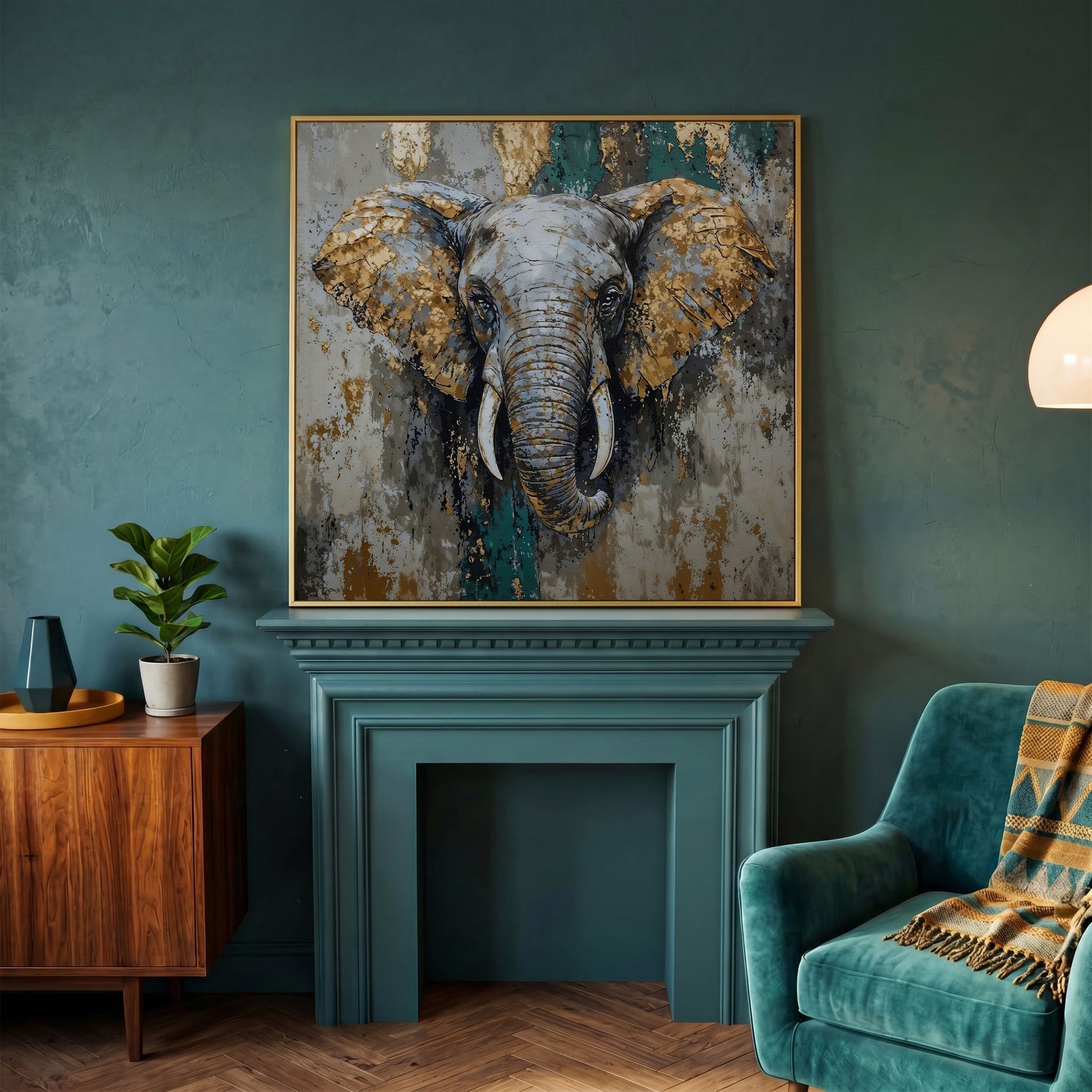 Gray Elephant with Gold Accents Canvas Art in yellow gold floating frame