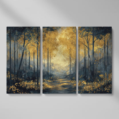 Golden Autumn Forest Path Canvas Wall Art as 3-panel split version