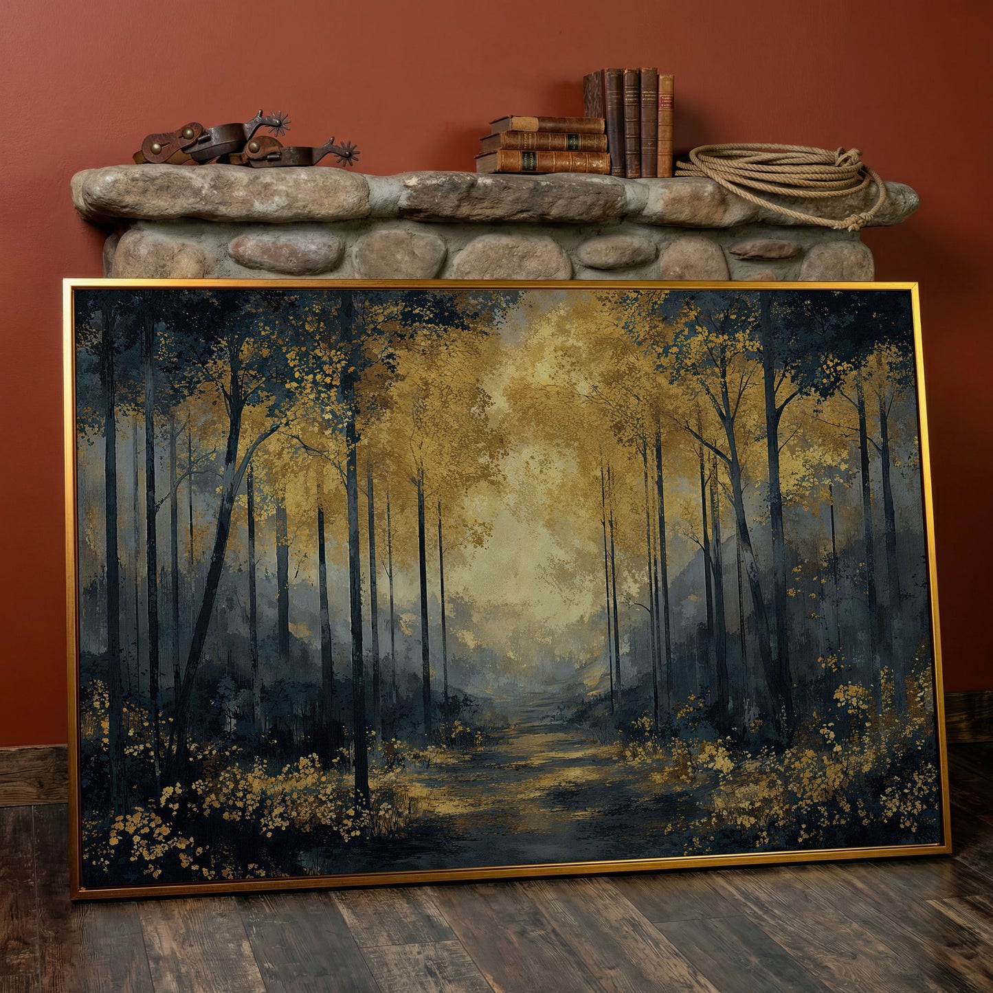 Golden Autumn Forest Path Canvas Wall Art in antique gold floating frame