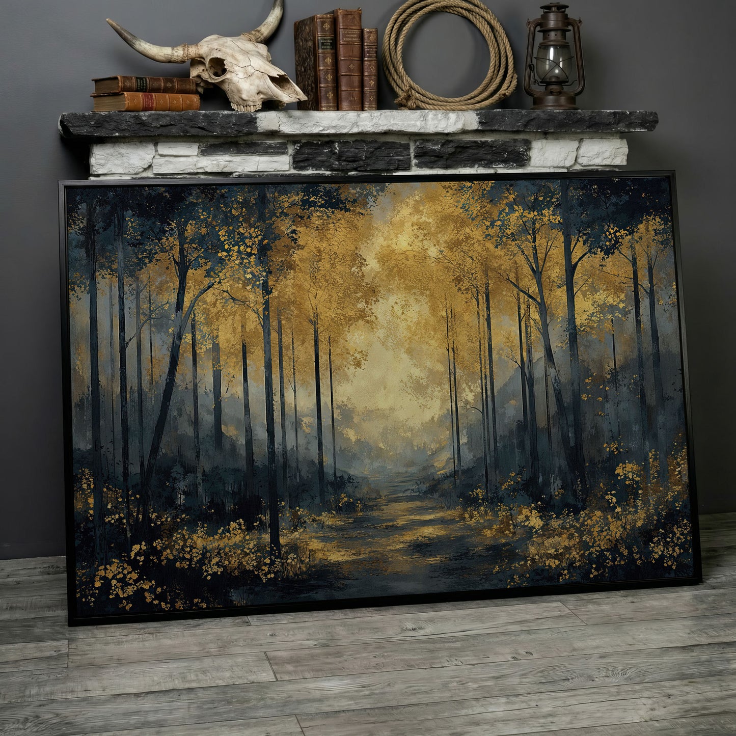 Golden Autumn Forest Path Canvas Wall Art in black floating frame
