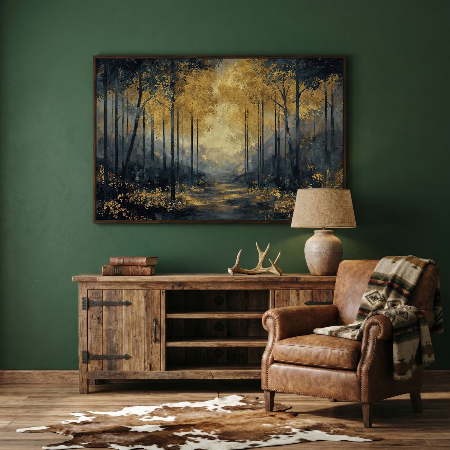 Golden Autumn Forest Path Canvas Wall Art in dark walnut floating frame