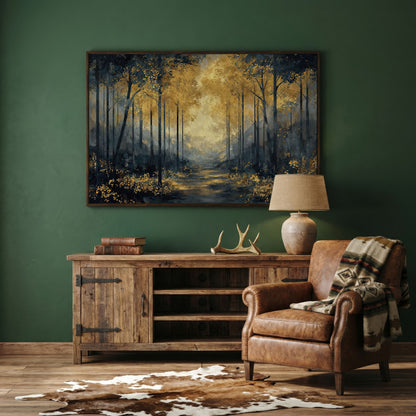Golden Autumn Forest Path Canvas Wall Art in dark walnut floating frame