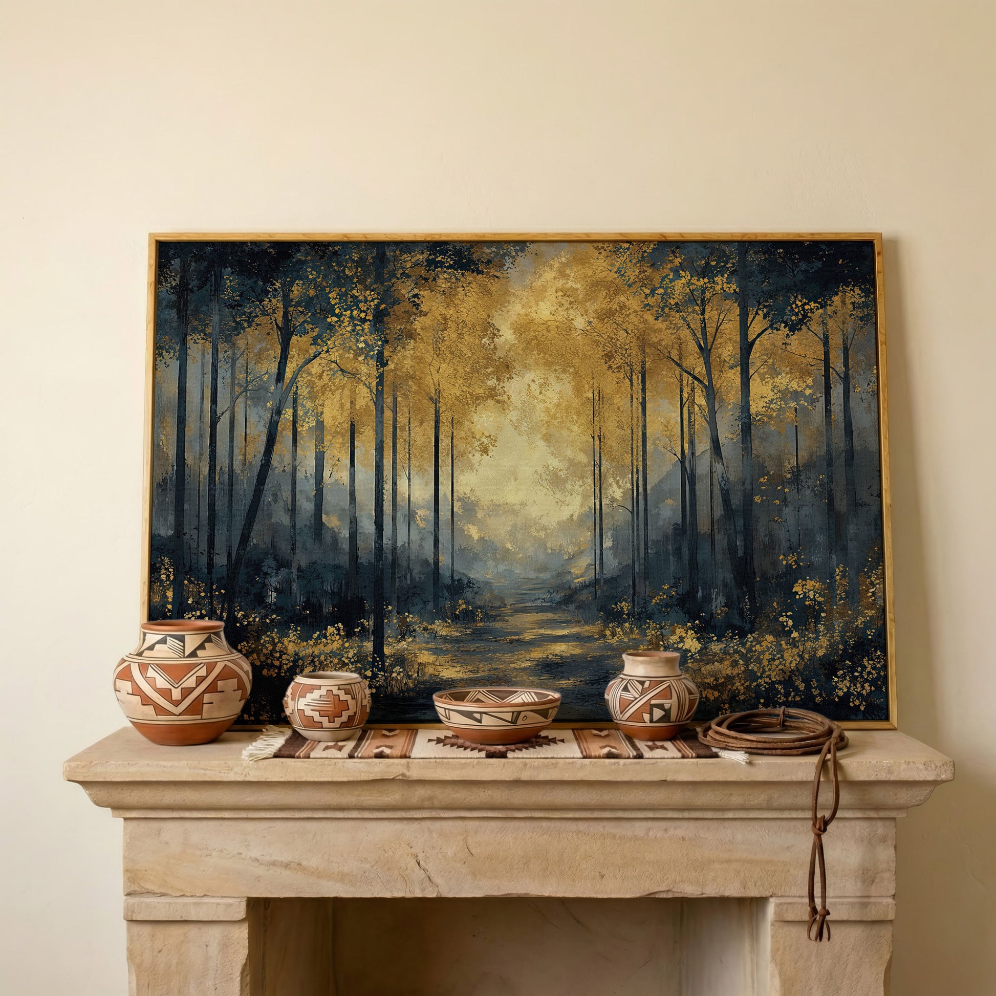 Golden Autumn Forest Path Canvas Wall Art in white oak floating frame