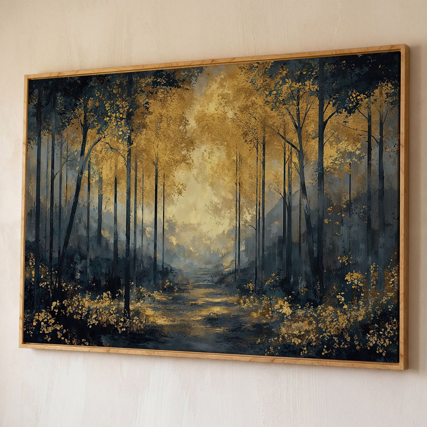 Golden Autumn Forest Path Canvas Wall Art shown in white oak floating frame