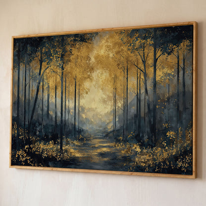 Golden Autumn Forest Path Canvas Wall Art shown in white oak floating frame