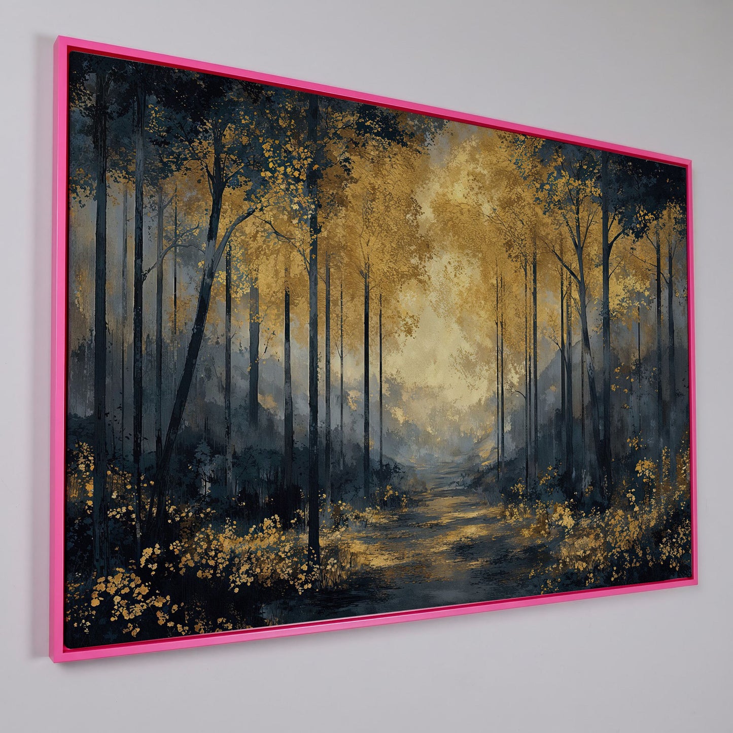 Golden Autumn Forest Path Canvas Wall Art in pink floating frame