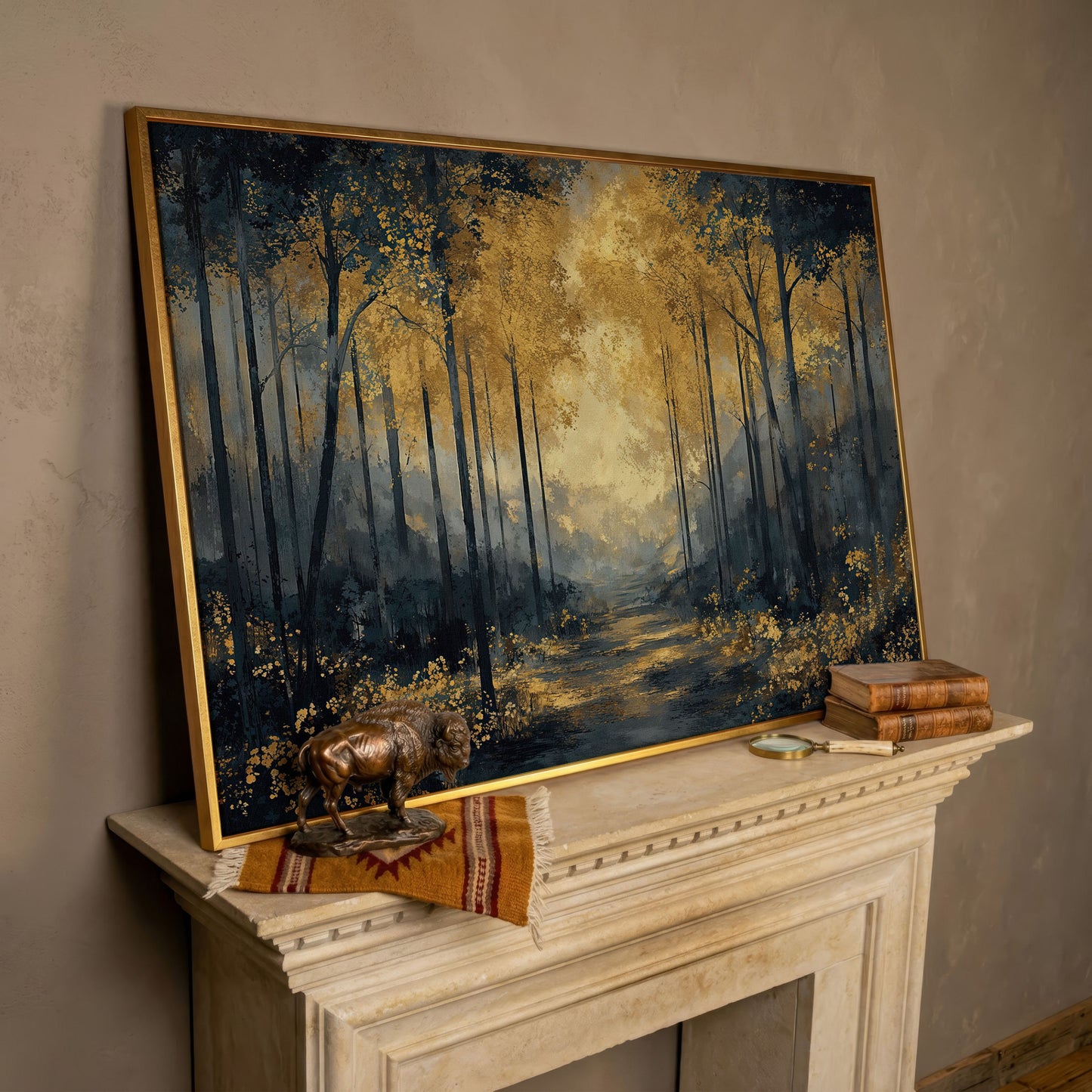 Golden Autumn Forest Path Canvas Wall Art in rose gold floating frame