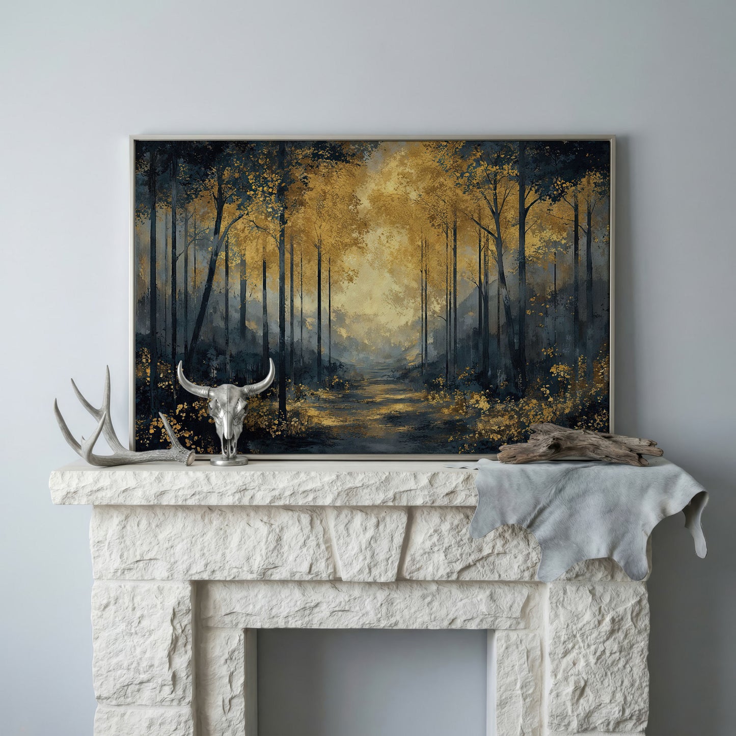 Golden Autumn Forest Path Canvas Wall Art in silver floating frame