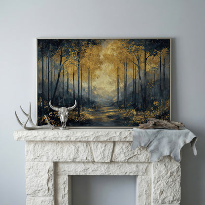 Golden Autumn Forest Path Canvas Wall Art in silver floating frame
