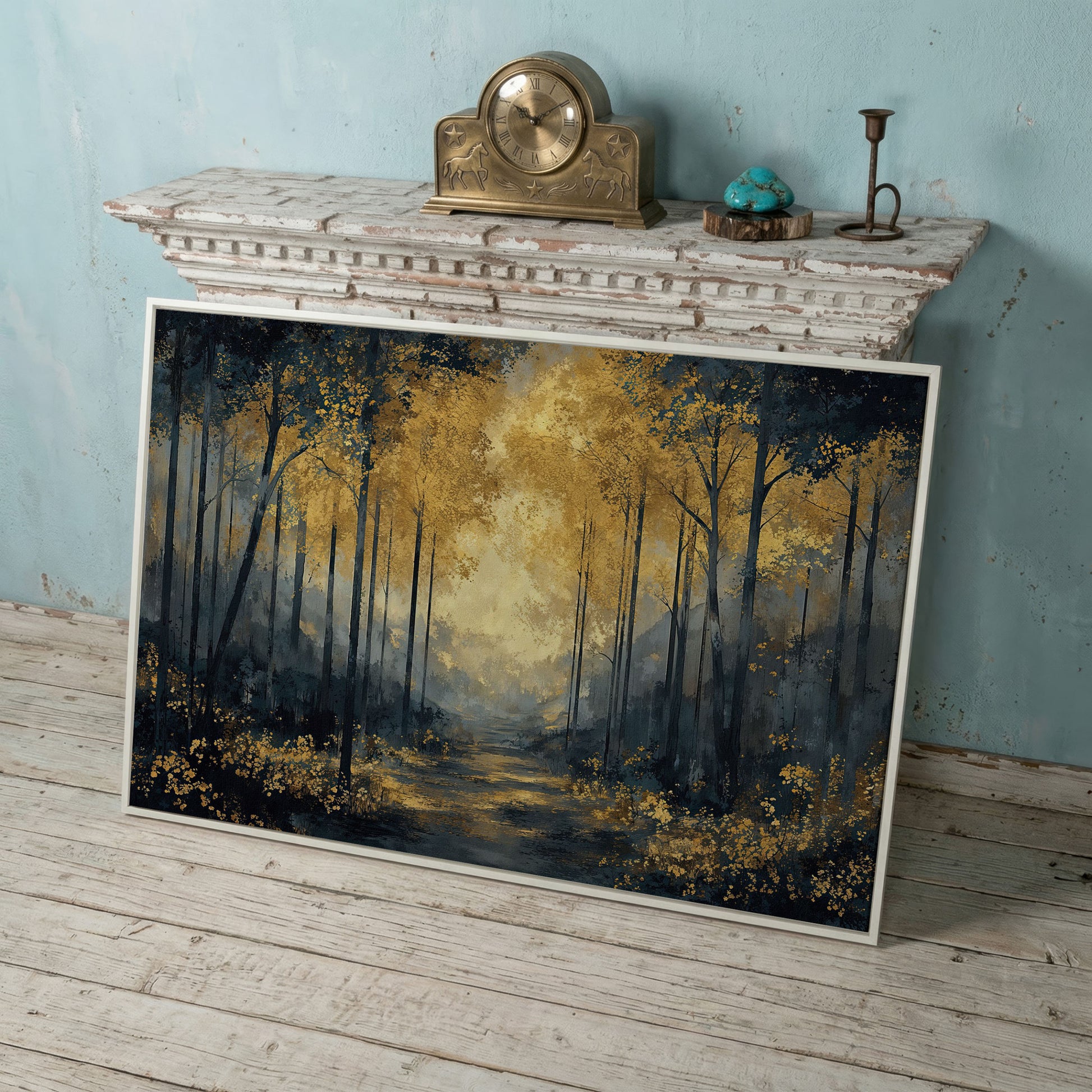 Golden Autumn Forest Path Canvas Wall Art in white floating frame