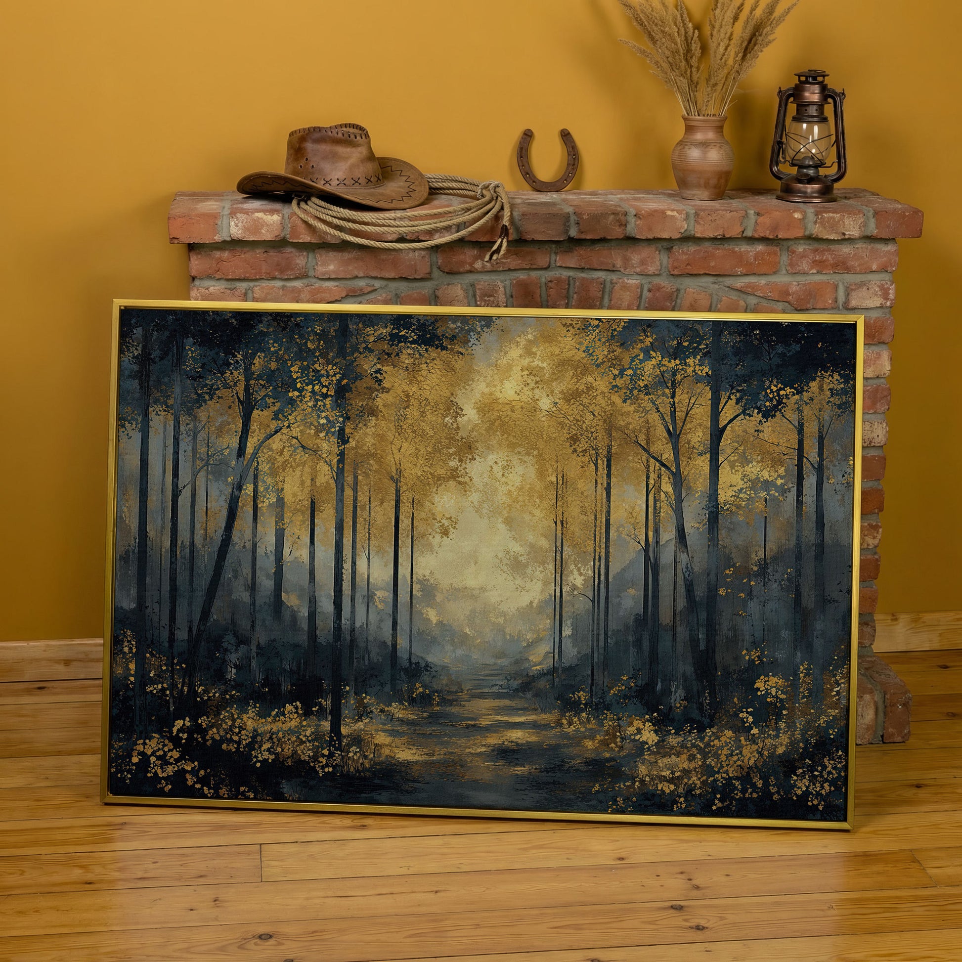 Golden Autumn Forest Path Canvas Wall Art in yellow gold floating frame