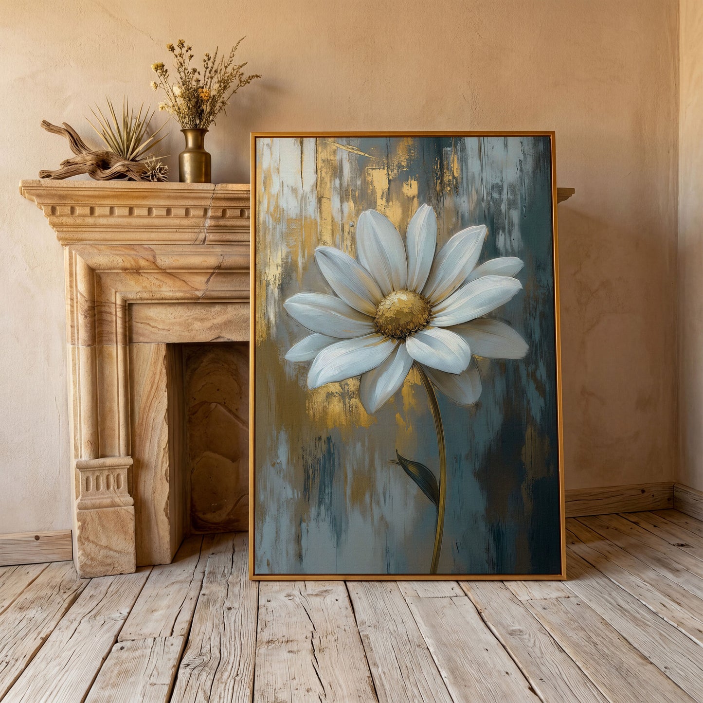 White Daisy with Gold Center Canvas Print in antique gold floating frame