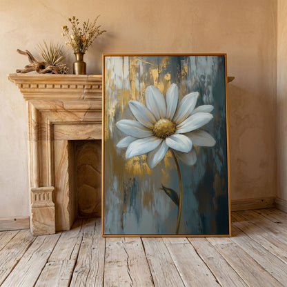 White Daisy with Gold Center Canvas Print in antique gold floating frame