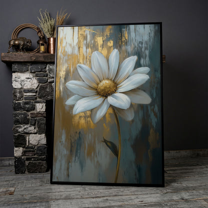 White Daisy with Gold Center Canvas Print in black floating frame