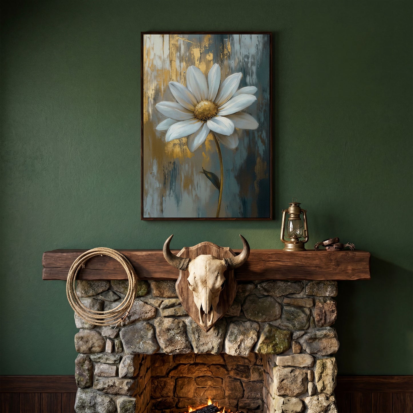 White Daisy with Gold Center Canvas Print in dark walnut floating frame