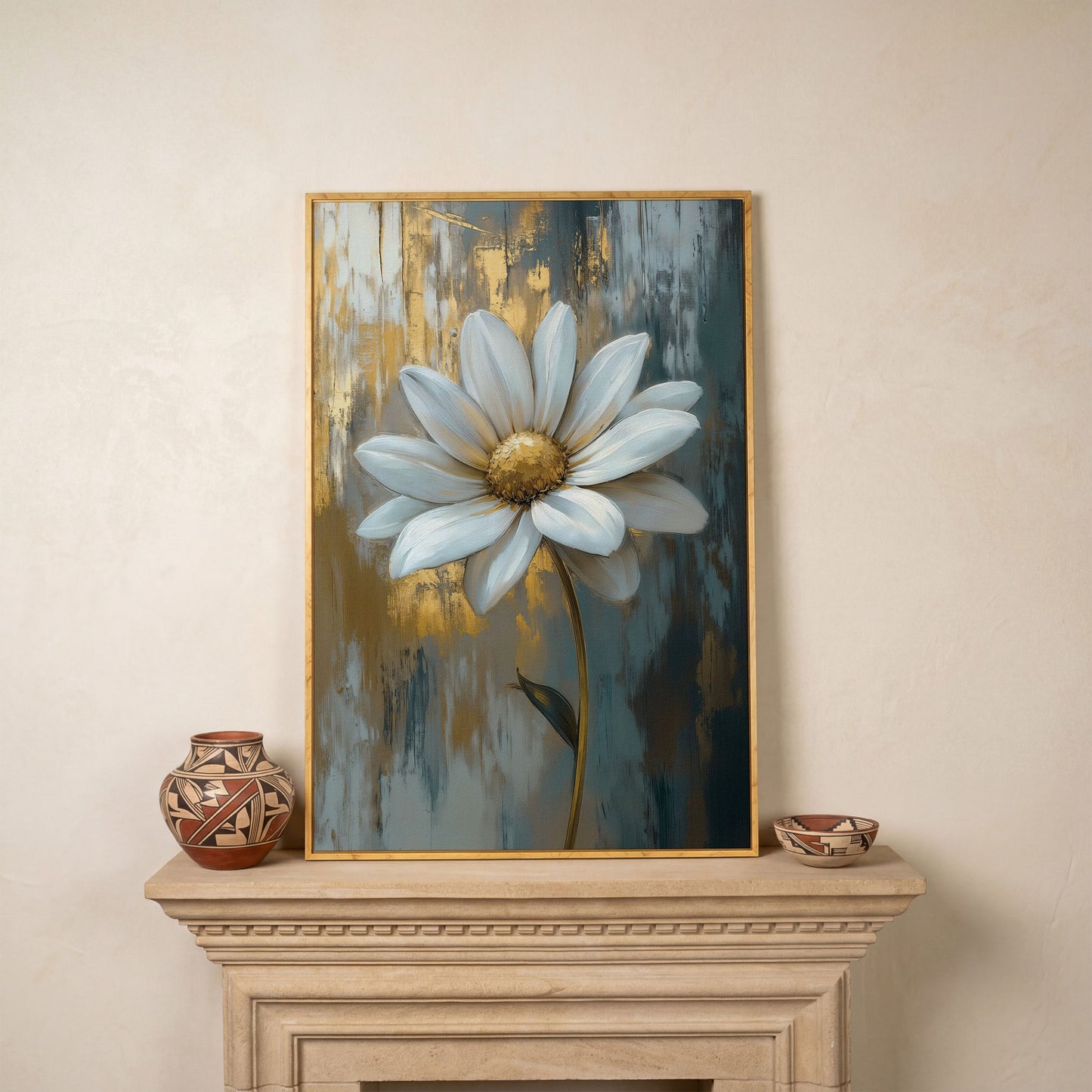 White Daisy with Gold Center Canvas Print in white oak floating frame