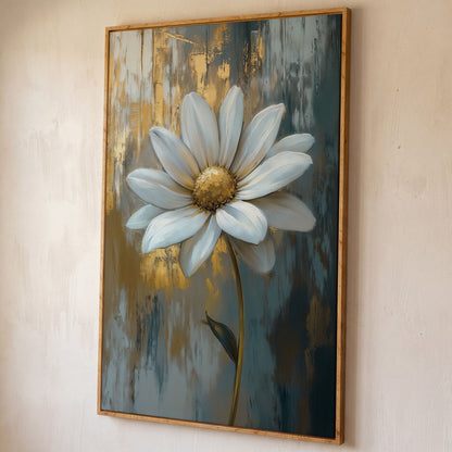White Daisy with Gold Center Canvas Print shown in white oak floating frame