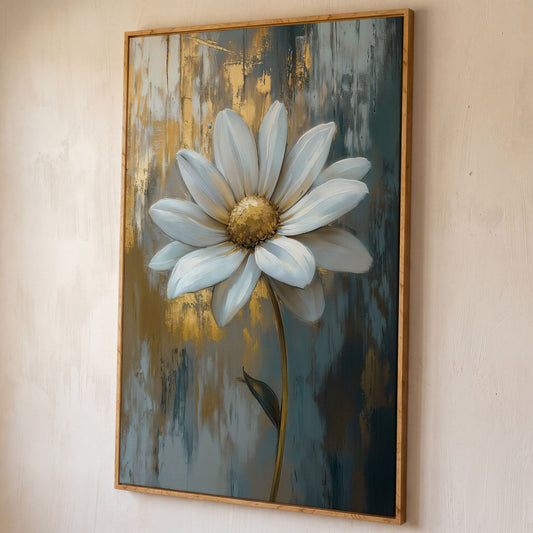 White Daisy with Gold Center Canvas Print shown in white oak floating frame