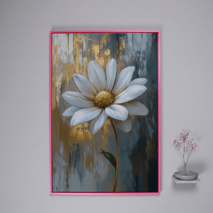 White Daisy with Gold Center Canvas Print in pink floating frame