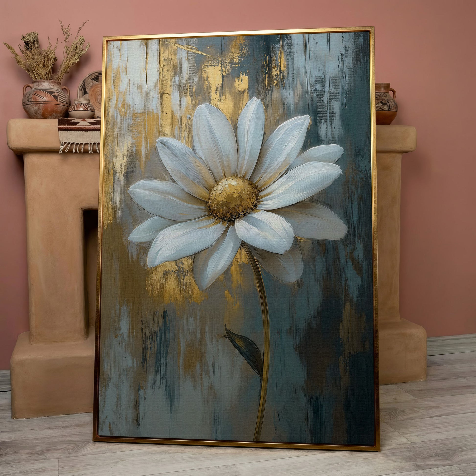 White Daisy with Gold Center Canvas Print in rose gold floating frame