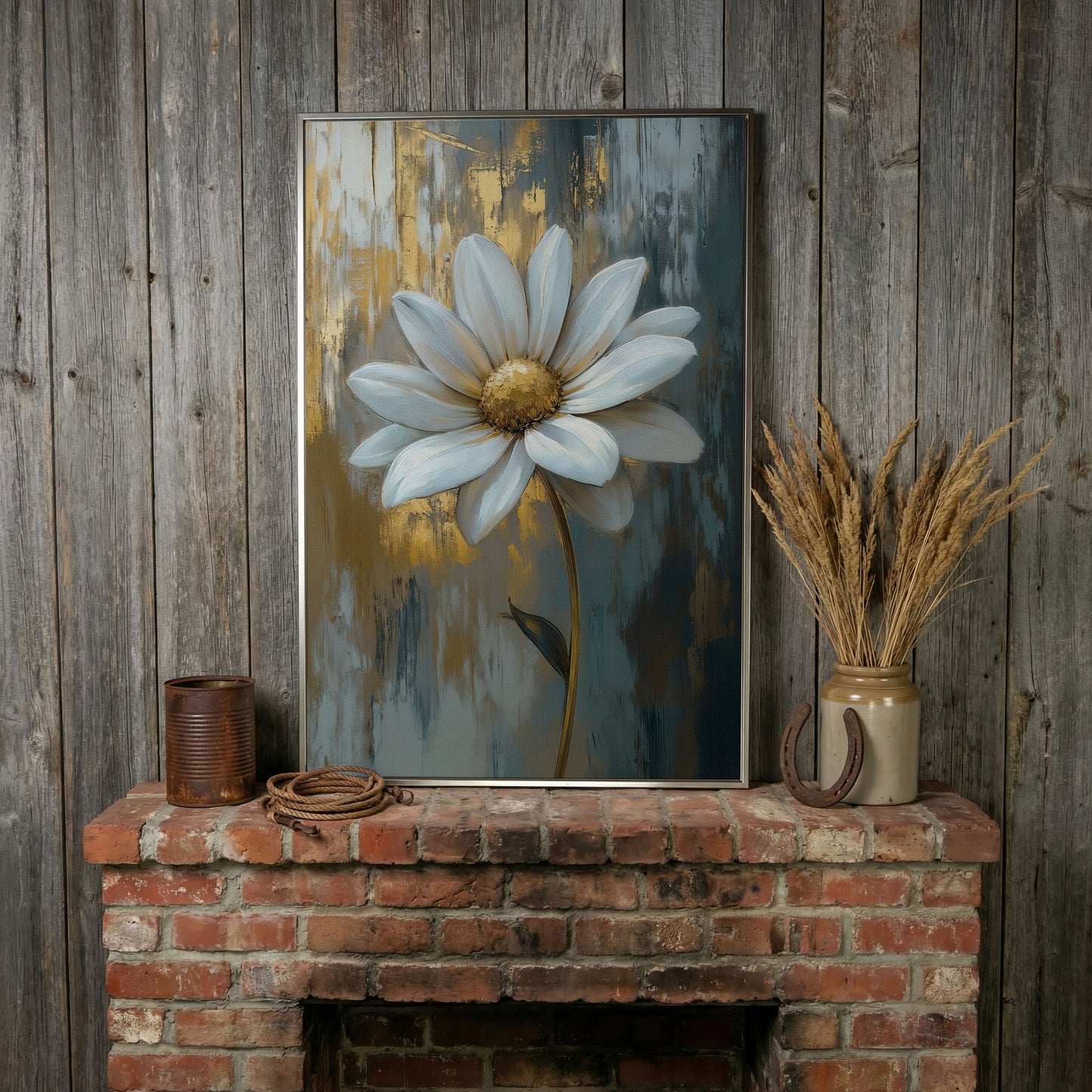 White Daisy with Gold Center Canvas Print in silver floating frame