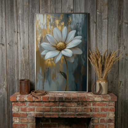 White Daisy with Gold Center Canvas Print in silver floating frame