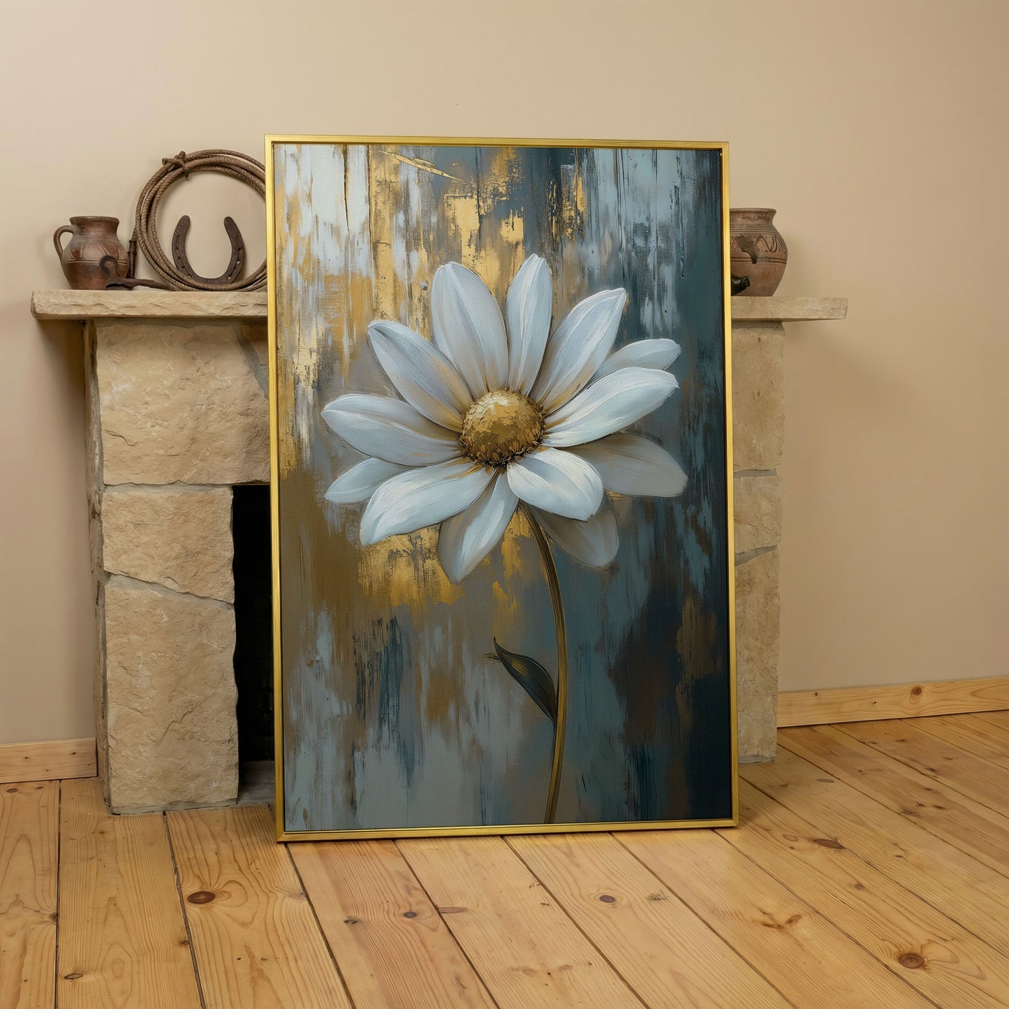 White Daisy with Gold Center Canvas Print in yellow gold floating frame