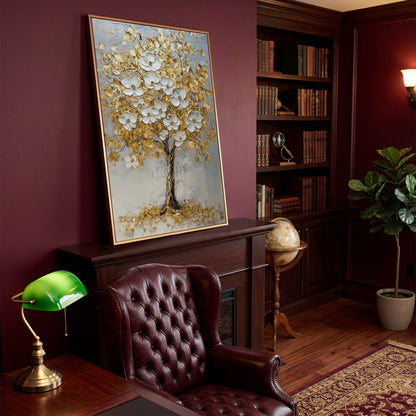 Golden Tree with White Blossoms Canvas Print in antique gold floating frame