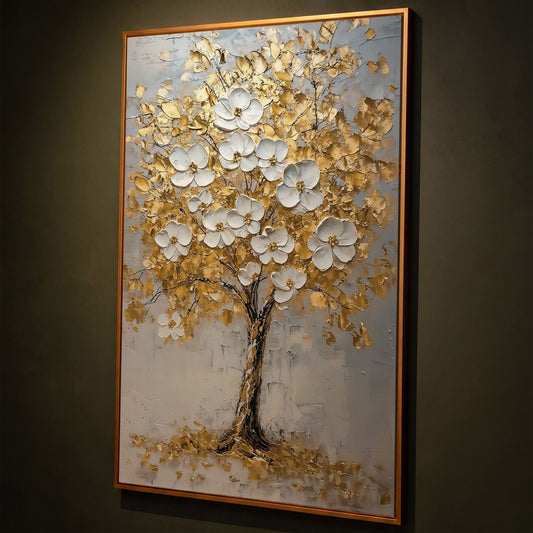Golden Tree with White Blossoms Canvas Print shown in antique gold floating frame
