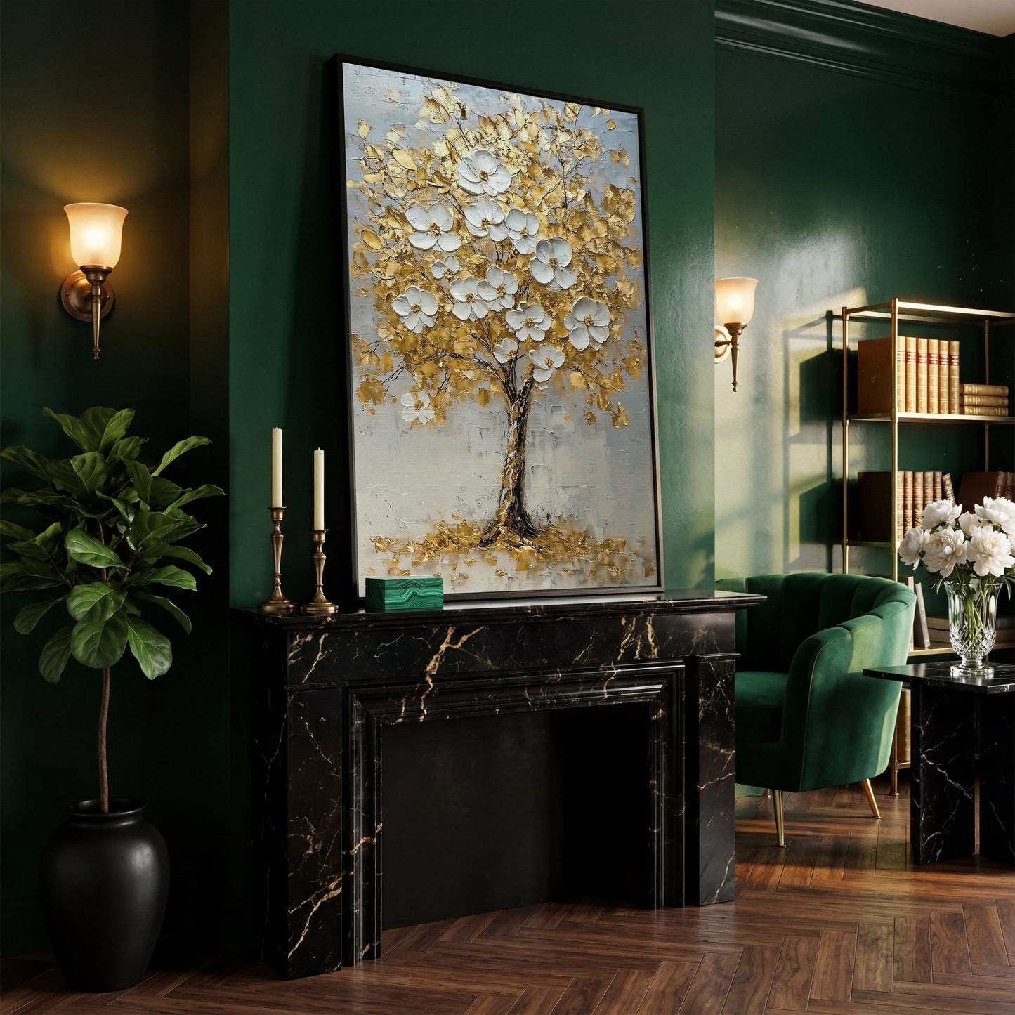 Golden Tree with White Blossoms Canvas Print in black floating frame