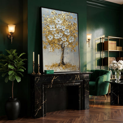 Golden Tree with White Blossoms Canvas Print in black floating frame