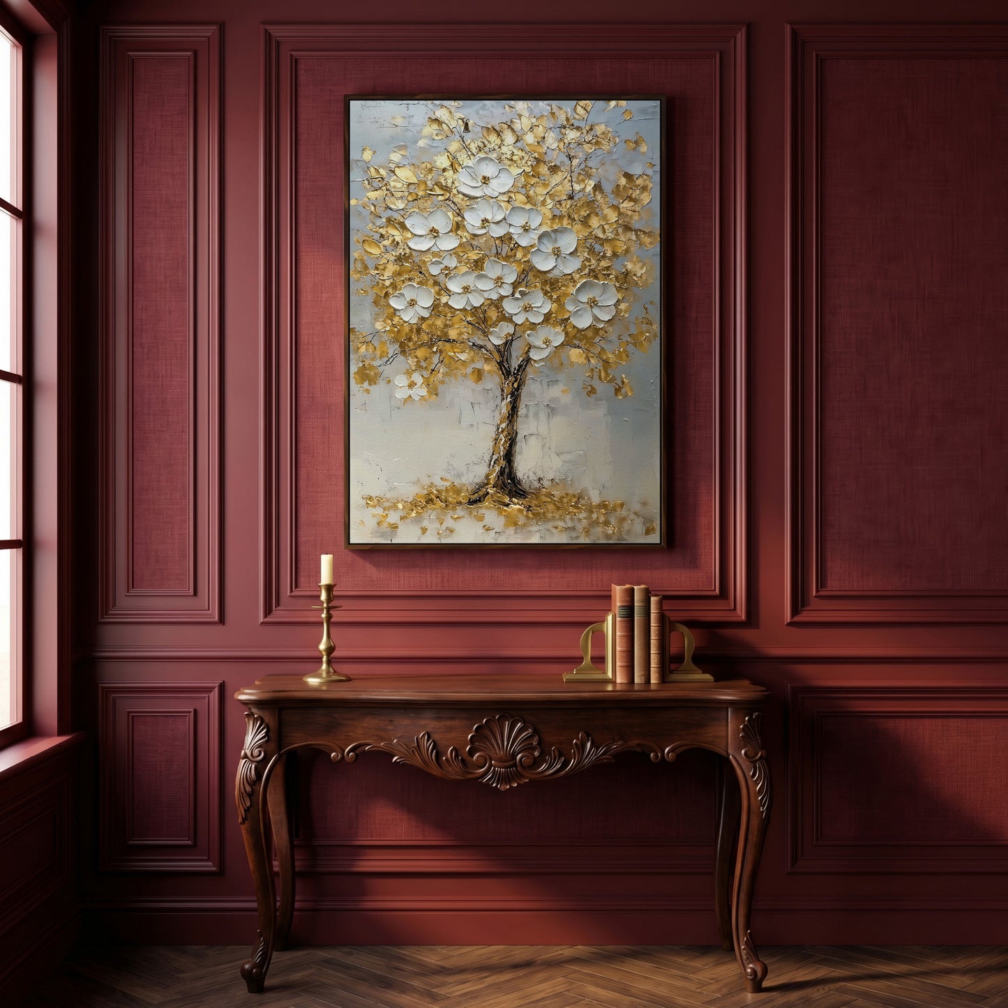 Golden Tree with White Blossoms Canvas Print in dark walnut floating frame