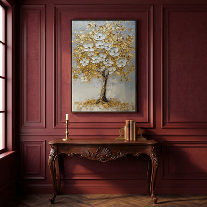 Golden Tree with White Blossoms Canvas Print in dark walnut floating frame