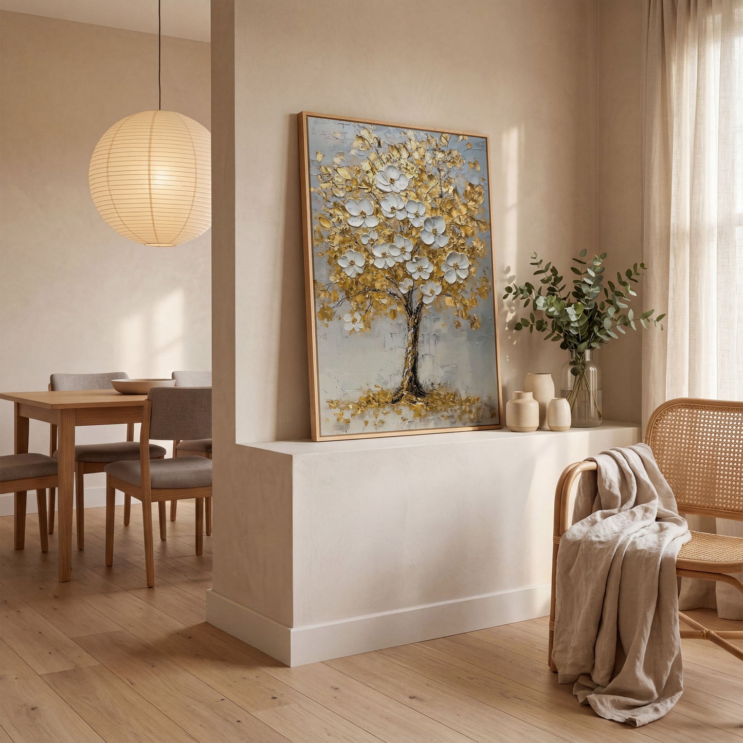 Golden Tree with White Blossoms Canvas Print in white oak floating frame