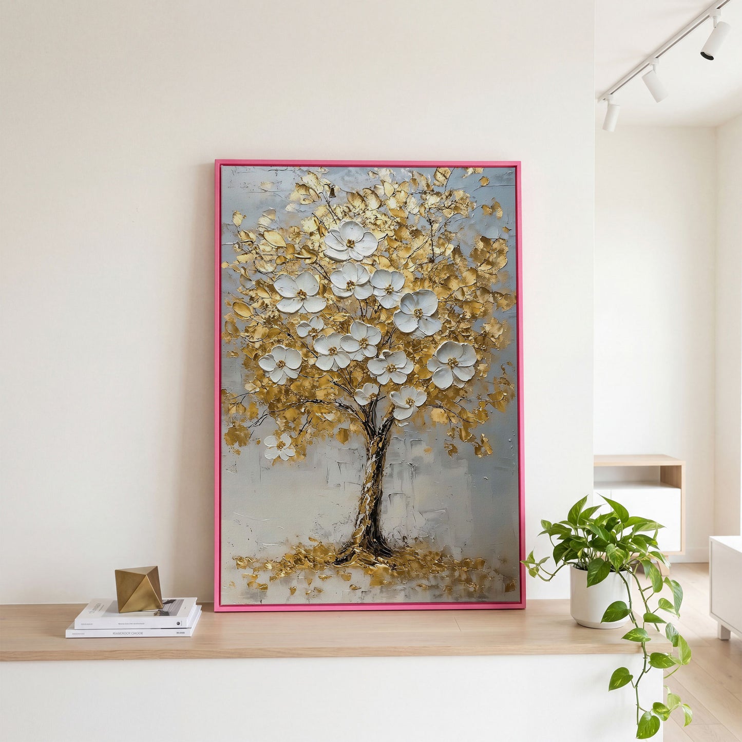 Golden Tree with White Blossoms Canvas Print in pink floating frame