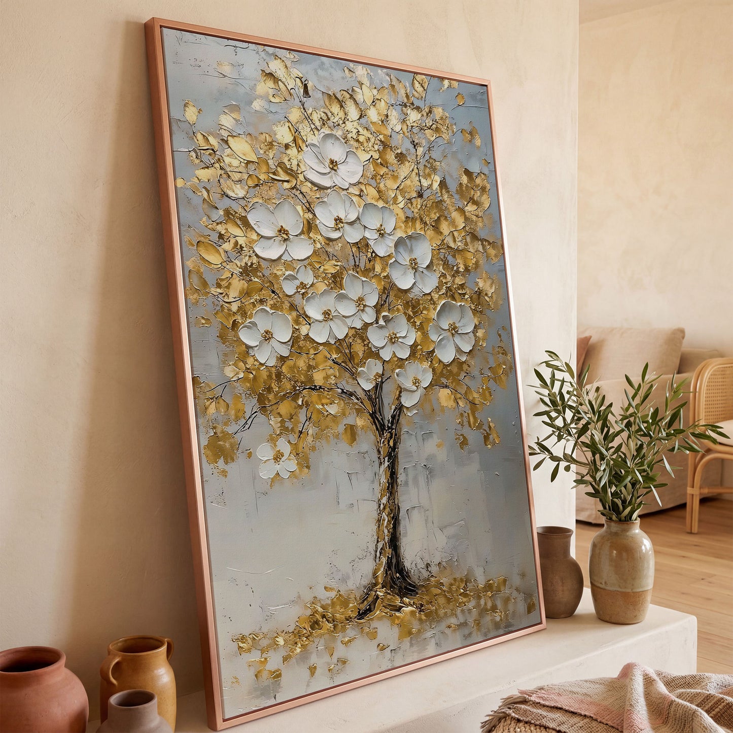 Golden Tree with White Blossoms Canvas Print in rose gold floating frame