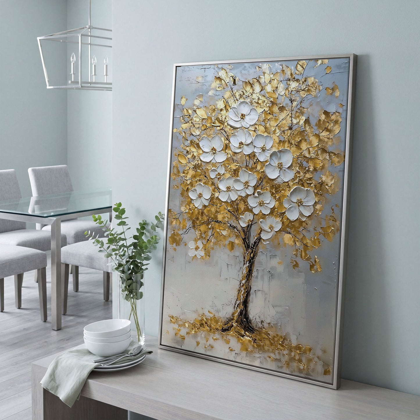 Golden Tree with White Blossoms Canvas Print in silver floating frame