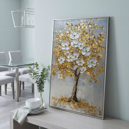 Golden Tree with White Blossoms Canvas Print in silver floating frame