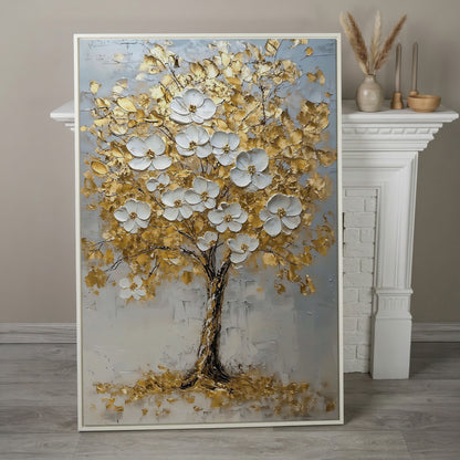 Golden Tree with White Blossoms Canvas Print in white floating frame