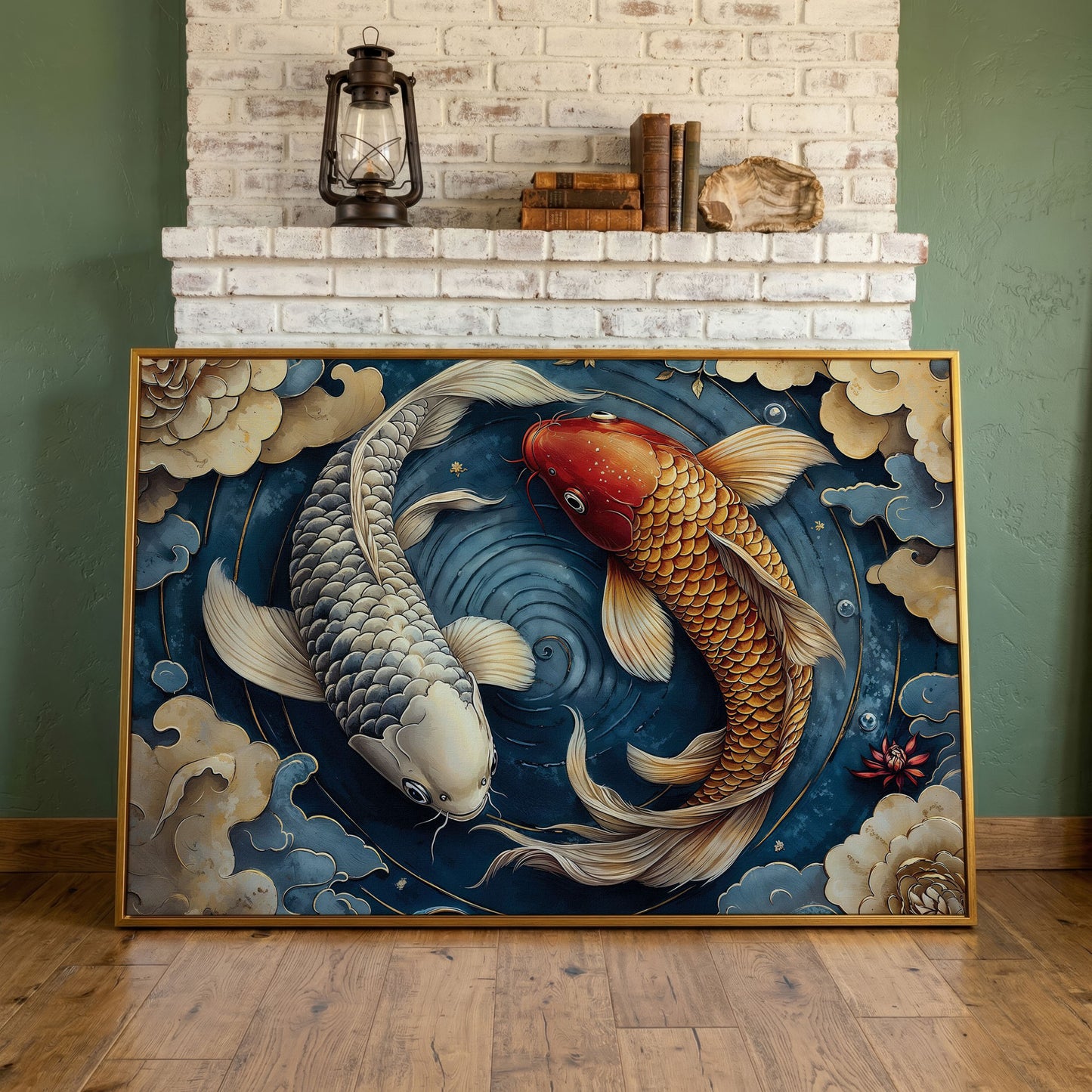 Koi Fish and Swirling Water Canvas in antique gold floating frame