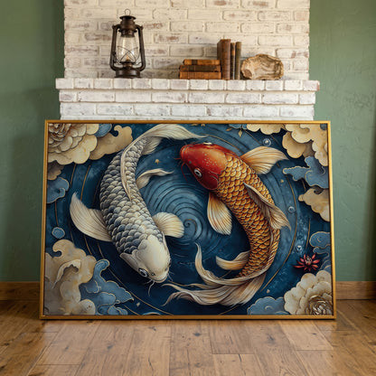 Koi Fish and Swirling Water Canvas in antique gold floating frame